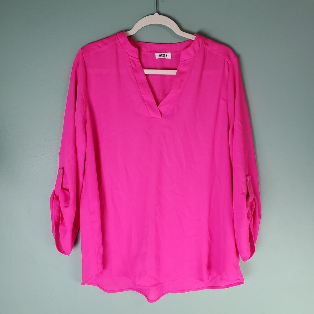 West K Womens Pink V-Neck Roll tab Blouse Top Size XL